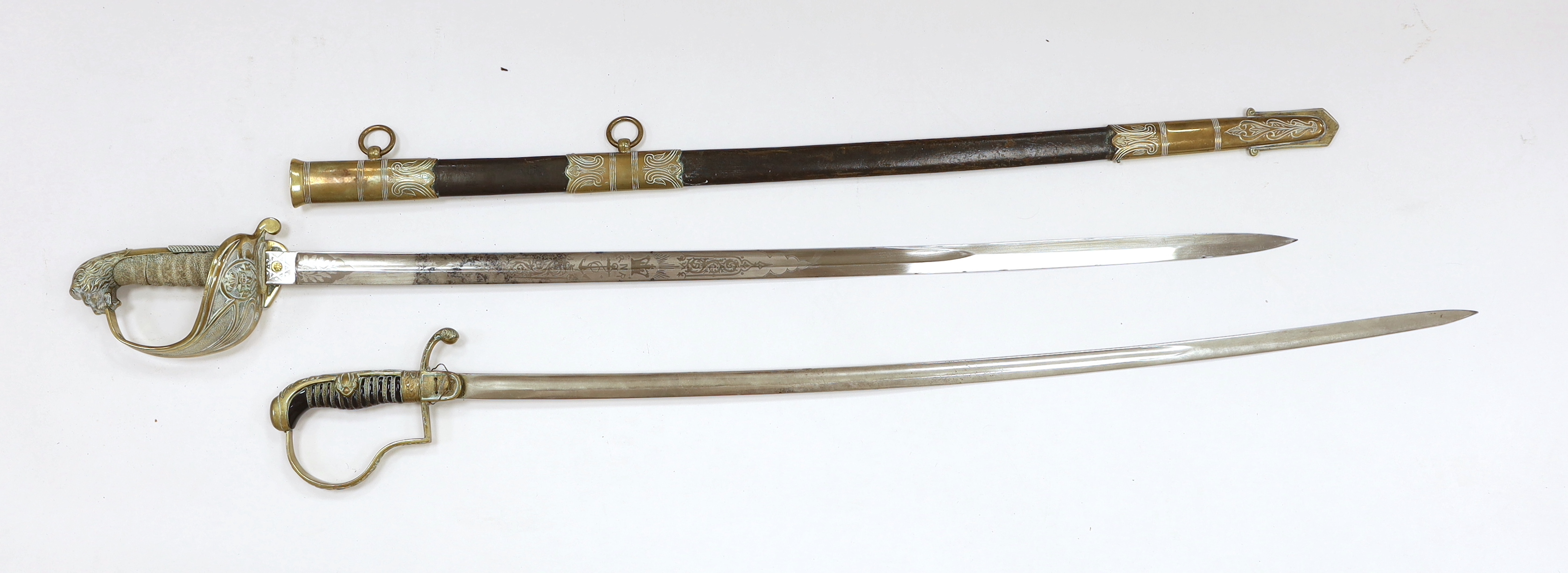 Victorian Royal Naval Reserves dress sword in brass and leather scabbard, blade 79.7cm and one other dress sword